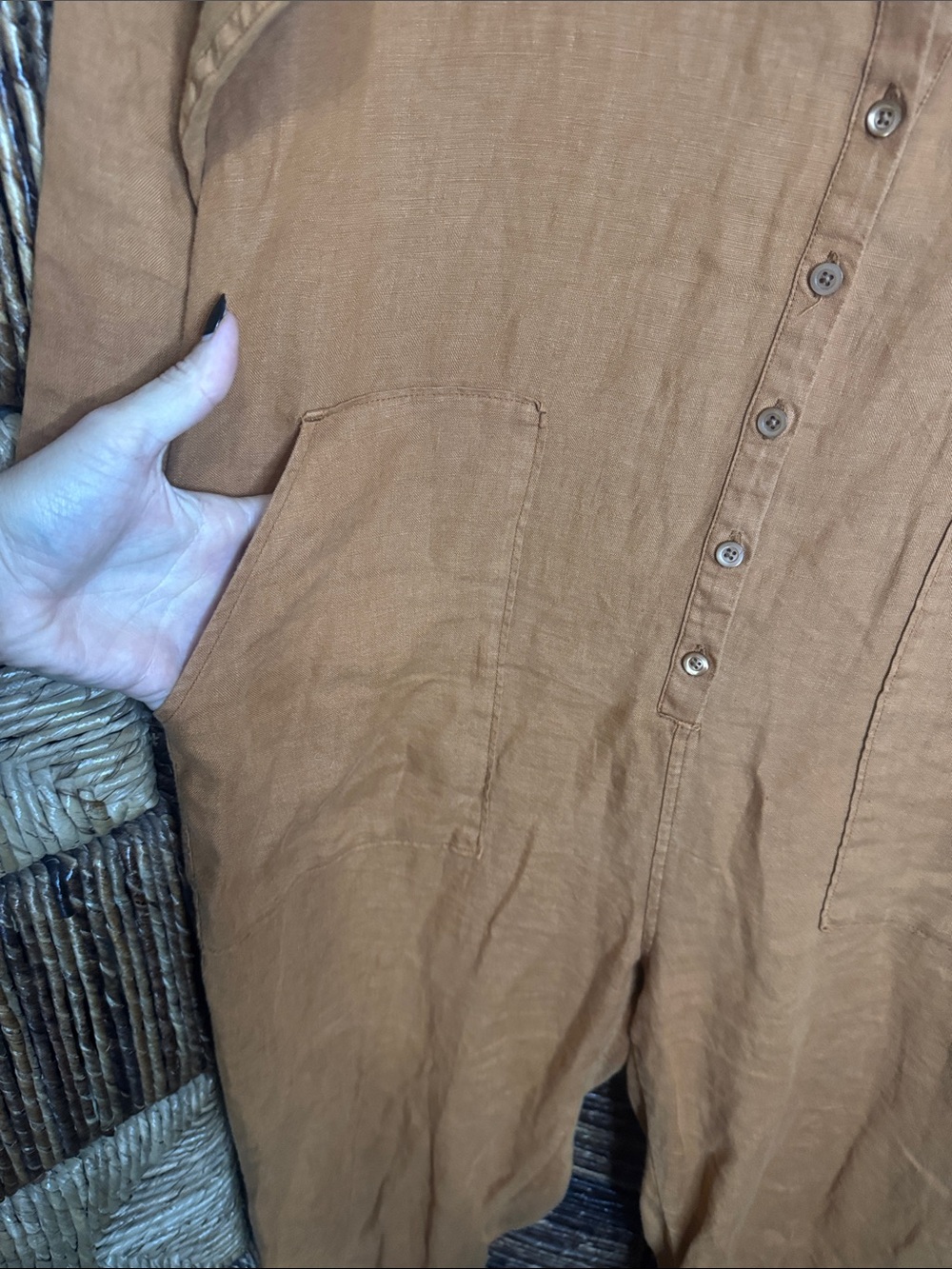 Outerknown Rust Orange Linen Button-Front Jumpsuit - Picture 3 of 7